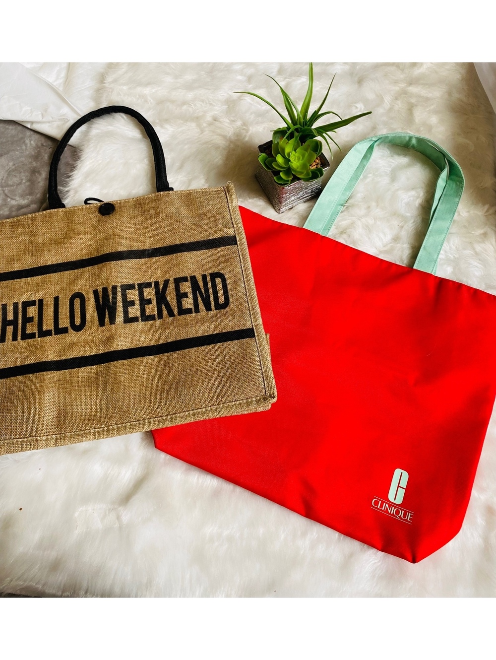 Clinique Red Tote Bag with Polka Dot Interior and Hello Week